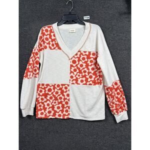 Bibi Knit Sweater Colorblock Floral Womens Size L White Red V-Neck Bohemian